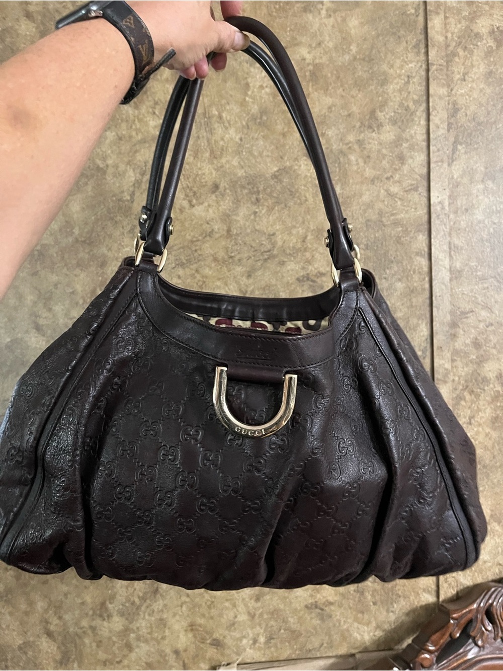 Gucci Dark Chocolate Embossed Leather Shoulder Bag with Gold Hardware